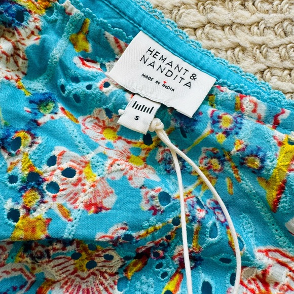 NWT Hemant & Nandita Lyna One Shoulder Cotton Eyelet Floral Ruffle Mini Dress S - Picture 11 of 13